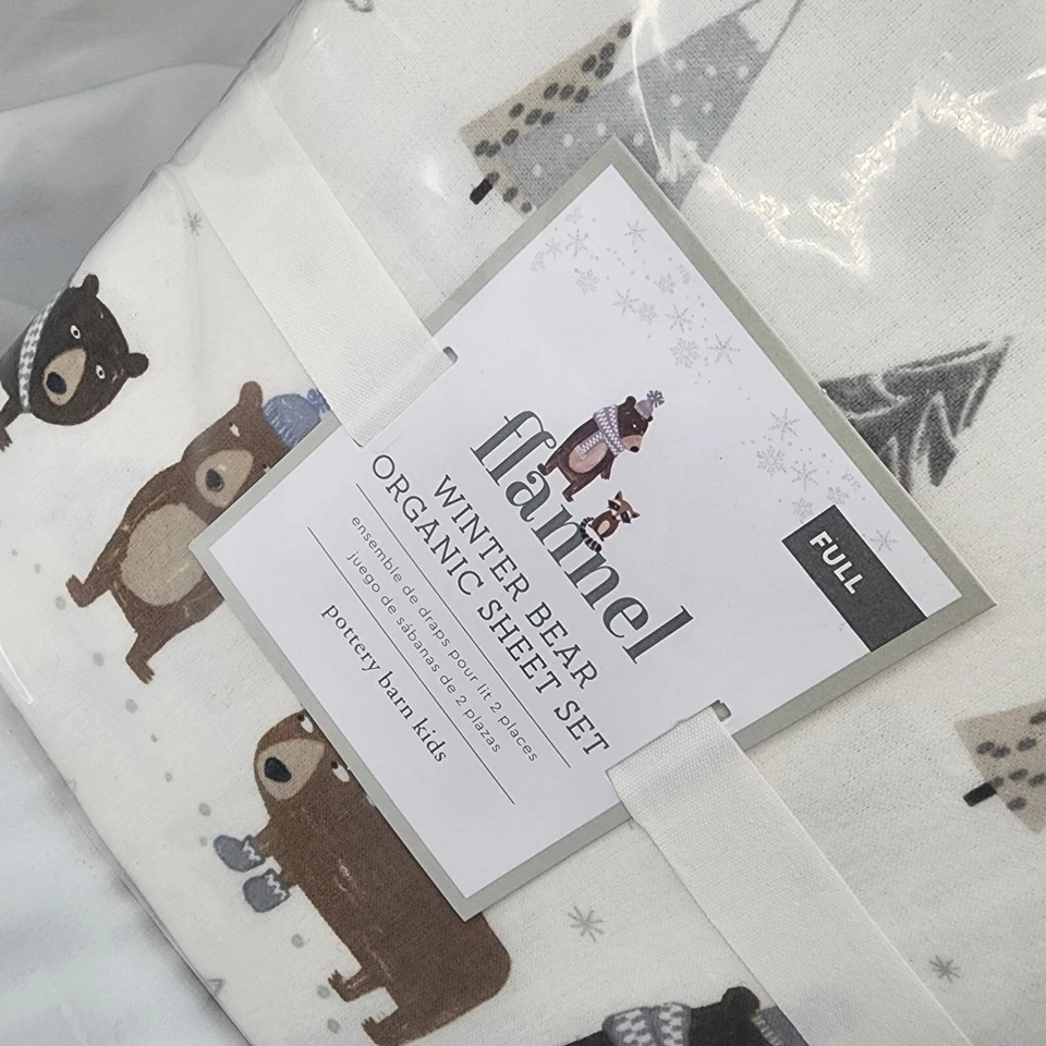 Pottery Barn Kids Holiday Winter Bear Flannel Sheet Set Full 4 Pieces - Image 3 of 4