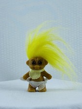 1990s Russ Troll Doll Vtg. Standing Baby Yellow Hair Brown Eyes w/Diaper Bib