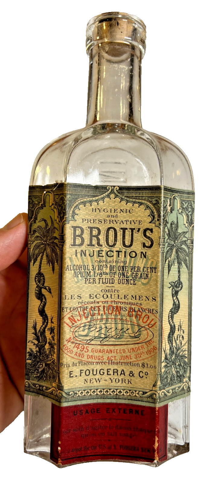 Striking Antique Apothecary Bottle Brou’s Injection Ornate Label 1890s New York