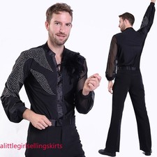 Men's Puff Long Sleeve Dance Costume Salsa Jazz Latin Shirt Glitter Sequin Tops