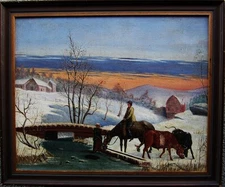 Unknown Painter, Winter Scene with Peasant Pair and Bulls, Circa 1880