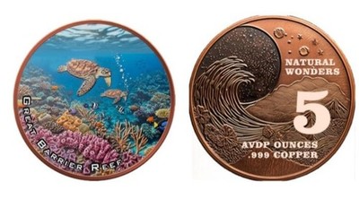 Great Barrier Reef - 5 Oz .999 Copper Colorized Round Natural Wonders W/ Capsule