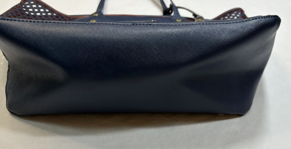 Bolsa tote Big Buddha couro vegano perfurado azul marinho e laranja bolsa de mão grande boho - Imagem 2 de 4
