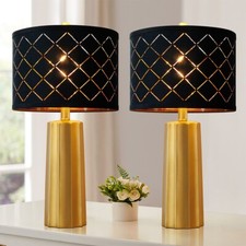 RORIANO 24" Gold Black Grid Table Lamp Set 2 Resin Modern Bedside Lamps w/Bulb
