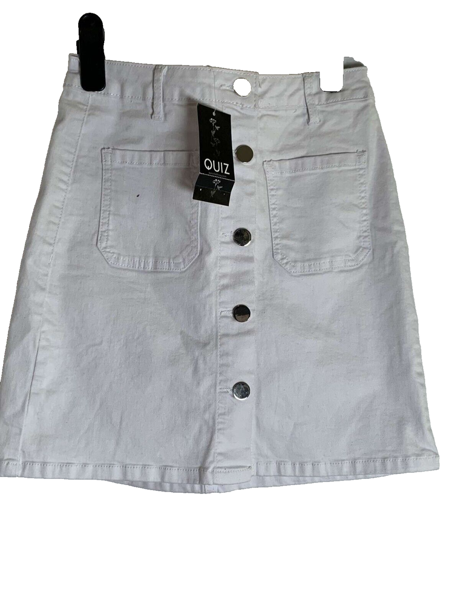 Quiz Clothing White Denim Button Mini Skirt Size- 10 UK