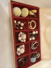 Vintage Gorgeous Lot 9 Pair  Gold&Silvercolor, Pearl Clip Earrings, Divided Case