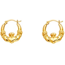 Ioka - 14K Yellow Gold Claddagh Hollow Hoop Hinged Earrings