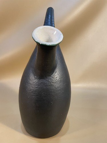 Vintage Raku Style Pottery Black Green Ceramic Double Spout Vase Signed 11” - Picture 4 of 7