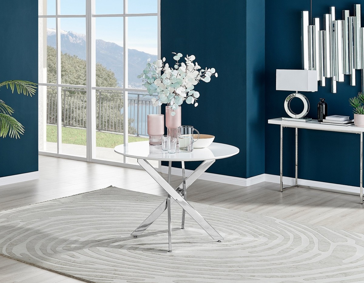 Novara Compact Round Dining Table 100cm White High Gloss with Silver Chrome  Legs