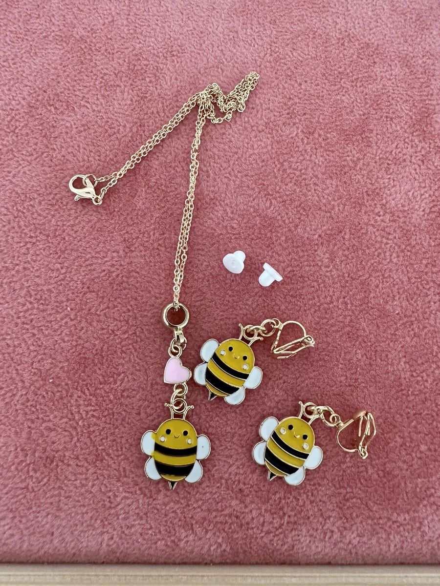 Bees Jewellery Set Cute Girls Summer Garden Necklace Kids Clip On Earrings