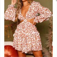 NEW Leopard Print Cutouts Mini Dress Long Sleeves Ruffles Lace Up Back Size M