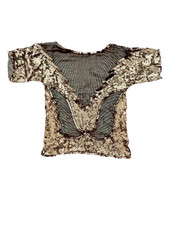 Vtg Silk Blouse Sz S Gold Sequins Bugle Beads Faux Pearls S/S Butterfly Wings