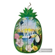 ISLAND TIME Pineapple Tiki Bar Beach Sign Luau Door Wall Decoration Parrots