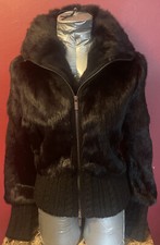 Vintage Christian Lacroix M Black Rabbit Fur Cable Knit Trim Full Zip Coat