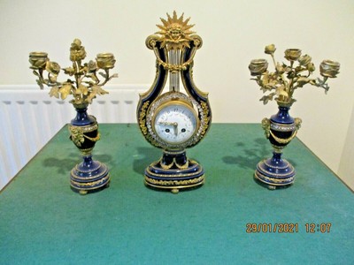 FEINKOBALTBLAU ORMOLU LOUIS XVI LYRE UHR SET MYSTERY JUWELELLED PENDELLÜNETTE