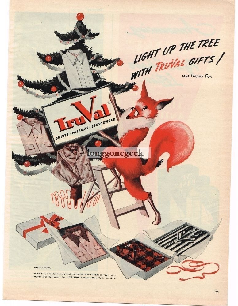 1945 TruVal Shirts Pajamas Sportswear Happy Fox Christmas Tree VINTAGE Print Ad