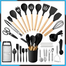 44X Kitchen Silicone Utensils Set with Heat Resist Wooden Handle Cookware Black