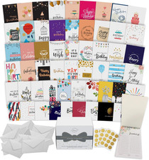 60 Unique Birthday Cards Assortment 5X7 with Generic Birthday Greetings Inside.
