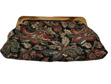 Vintage Floral Tapestry Hinged Clutch Purse Handbag Lucite Kiss Lock Hong Kong