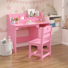 Wooden Kids Desk and Chair Set with Hutch and Storage Cabinet Study Desk Pink