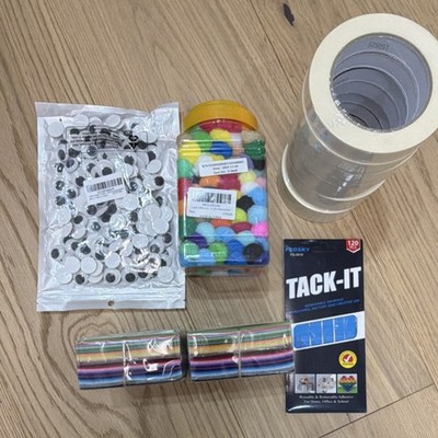 FEOSKY TACK-IT Craft Supplies Set Googly Eyes Pom Poms Colored Sticks Putty Tape