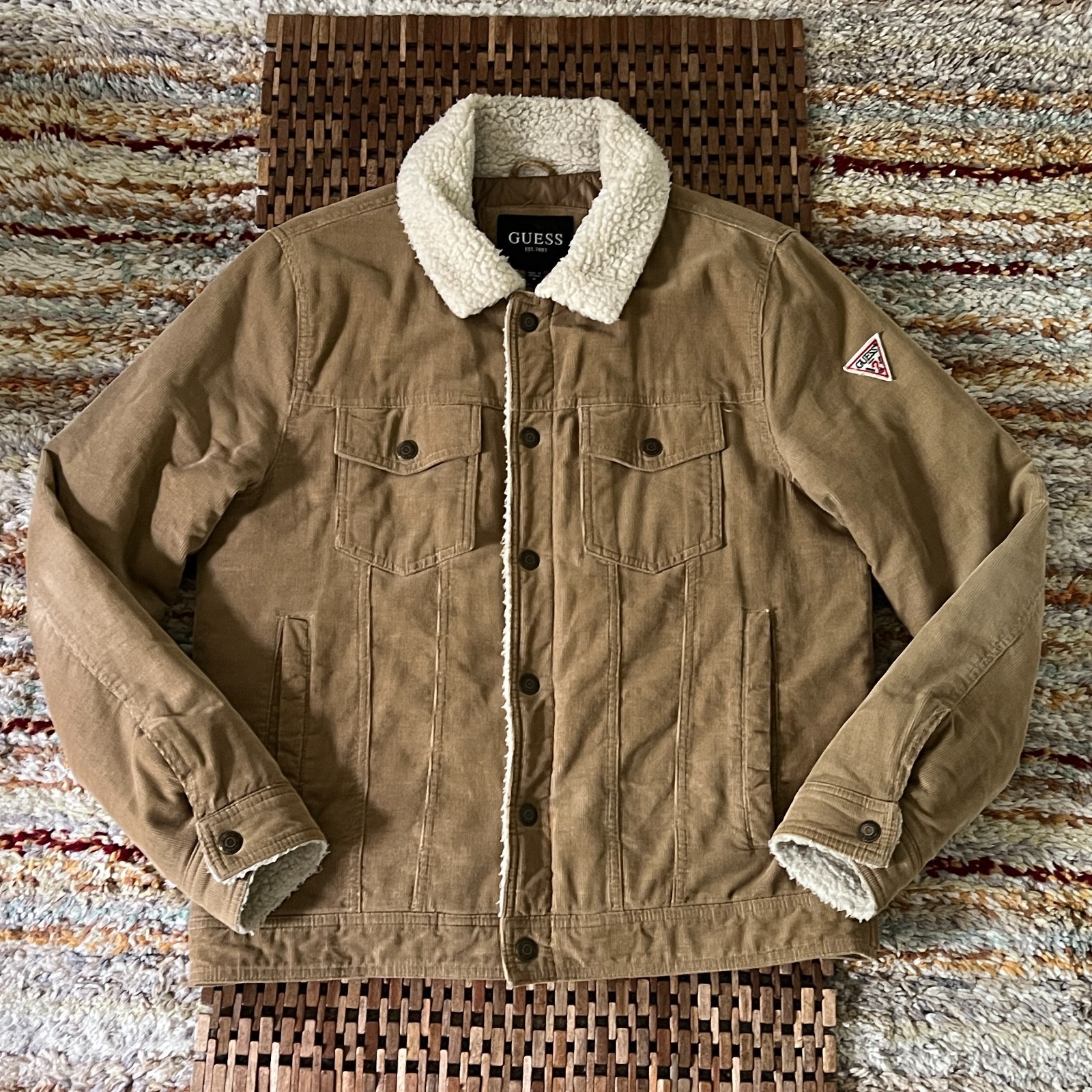 Guess Tan Cord Sherpa Trucker Jacket Button Down Men's Size Medium M