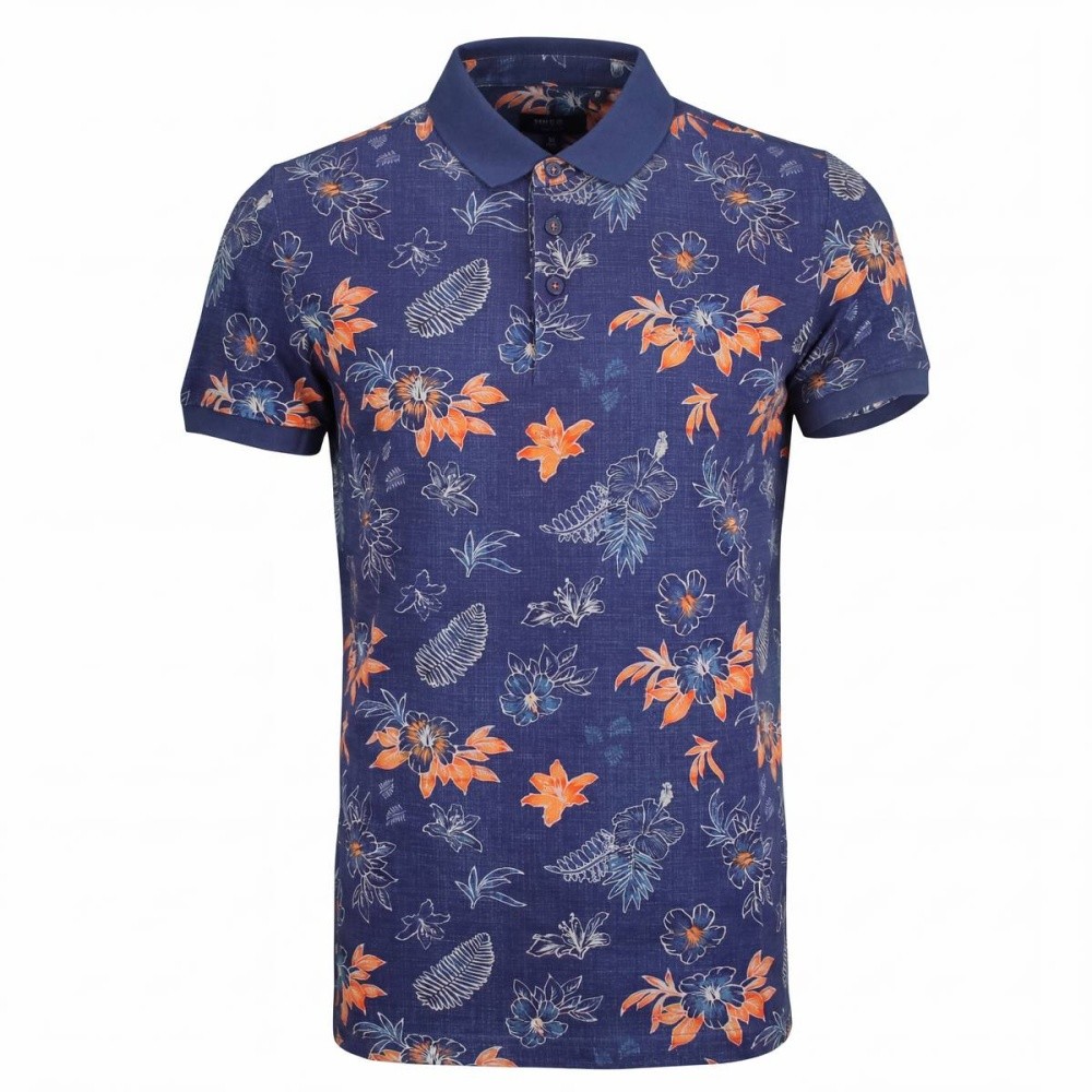 New Zealand Auckland NZA Mens Polo Shirt Blue Orange Floral 26CN124 2616