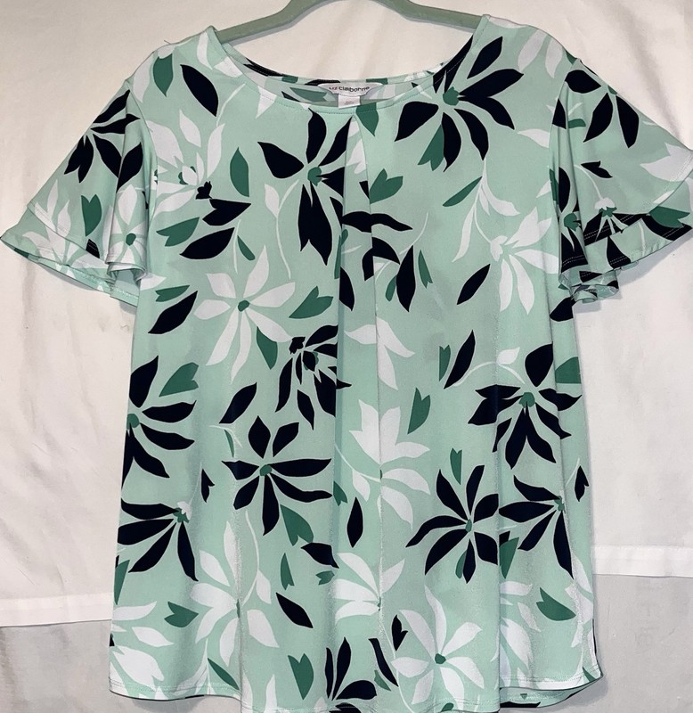 NWOT Liz Claiborne Sz 0X (14-16W) Stretchable Green Floral Short Sleeve Top