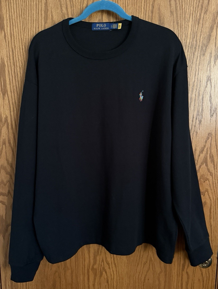 PONY Polo Ralph Lauren nera girocollo camicia manica lunga 100% cotone uomo tg Lg nuova senza etichette