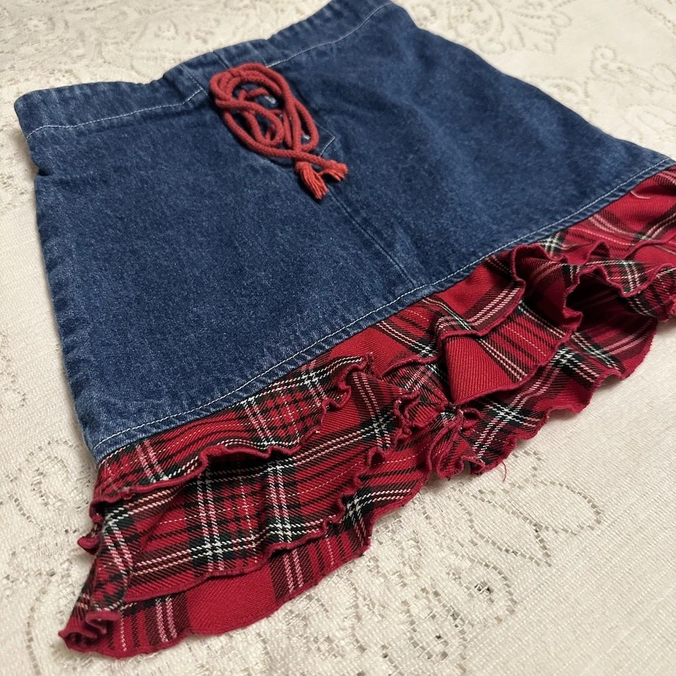 Mini-saia infantil vintage tamanho 5 Amy Byer jeans flanela com cadarço anos 90 - Imagem 3 de 4
