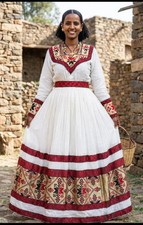 Ethiopian Dress  Menen Fabric Elegant Red Tibeb Dress  Eritrean Habesha Dres