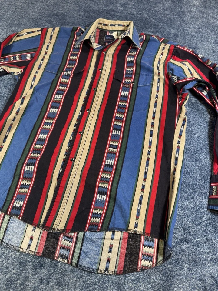 Wrangler Shirt Men's L X Long Tails Pearl Snap Colorful Western Aztec 16/35 VTG - Image 3 of 4