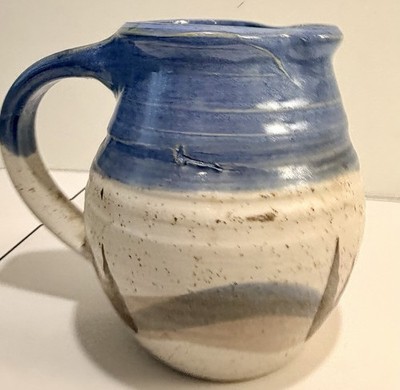 Handmade Studio Pottery Pitcher Signed Sherwood Blue White Speckled Ceramic Jug