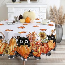 Black Cat Fall Round Tablecloth 70 Inch Halloween Autumn Decor