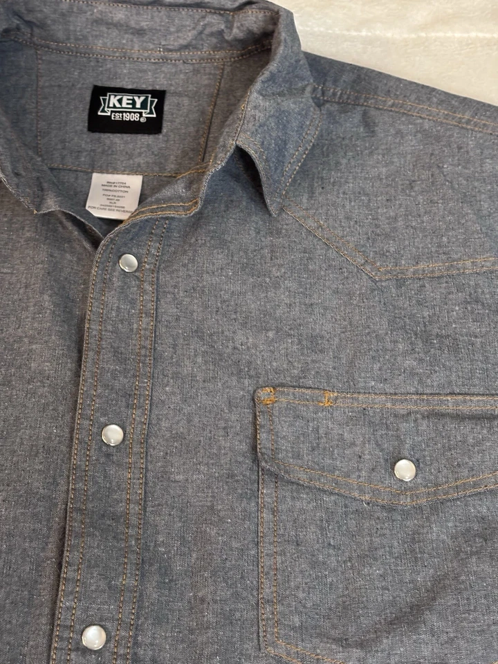 Key Pearl Snap Shirt Mens XL Blue Denim Western Workwear Cowboy Short Sleeve - Image 4 of 4