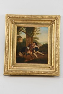 Q53E27 Biedermeier painting boy with dog under a tree 19th century
