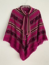 Tejidos Diaz Womens One Size Fuchsia Pink Wool Blend Aztec Fringe Poncho Shawl
