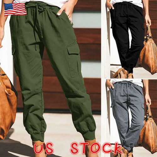US Womens Cargo Pants Joggers Trousers 