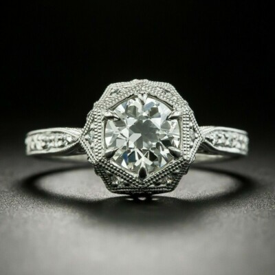 Filigree Engagement Ring 1.60Ct Round Moissanite 14k White Gold Finish in Size 5