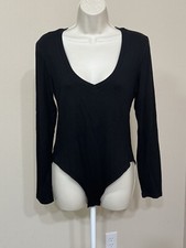 Mangopop Women s Black Long Sleeve V-Neck Comfort Slim Soft Bodysuit s L