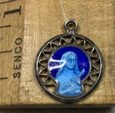 Vintage Pendant Medal St Therese Of Lisieux Blue Enamel Christian H74