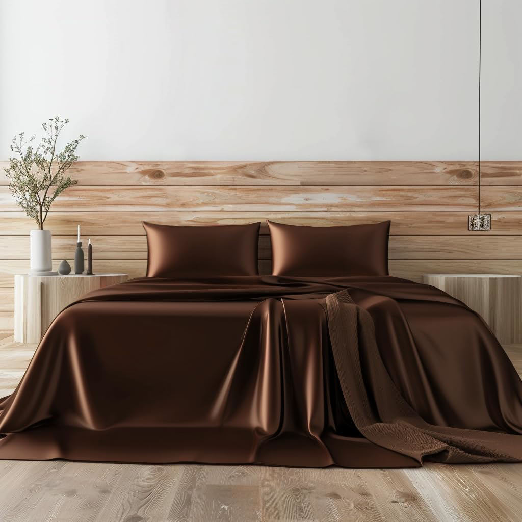 Queen Satin Sheets Set 4 Pcs Soft Pillowcase Flat & Fitted Hotel Luxury Brown