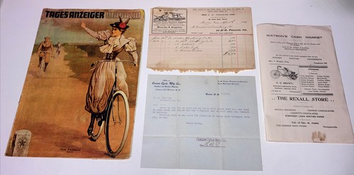 4 Early 1900’s Ephemera Lot cycling Magazine Ad Billhead Corson SG Brown Harley-