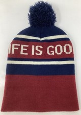 Life Is Good Knit Hat Toboggan Beanie With Puff On Top Red White And Blue