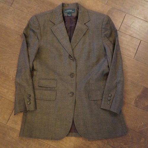 Ralph Lauren Vintage Worsted Wool Brown Plaid Equestrian Jacket Blazer Women 10