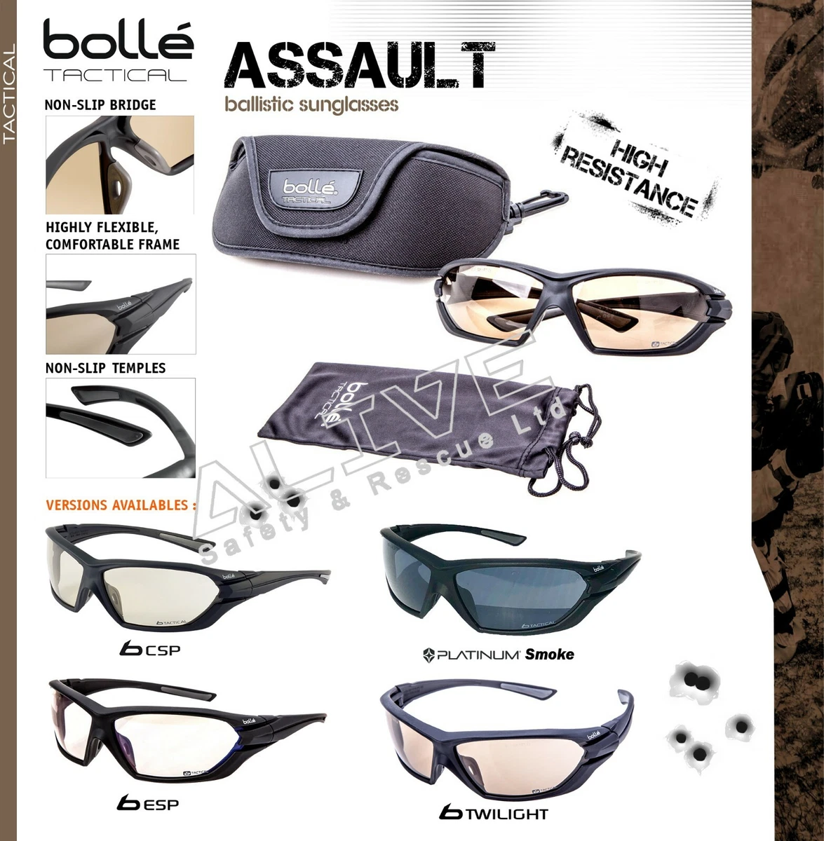 Bolle ASSAULT Tactical Ballistic Sunglasses Military UV Protect