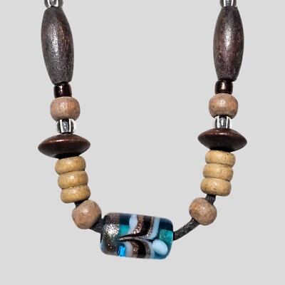 Lampwork Glass Bead Necklace Wood Accent Beads 16 Inches
