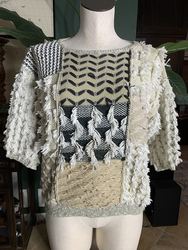 beige cotton textured fringed pull over 