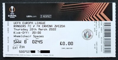 TOP TICKET UEFA Europa League 10.3.2022 Rangers FC vs Crvena Zvezda Belgrad # 45