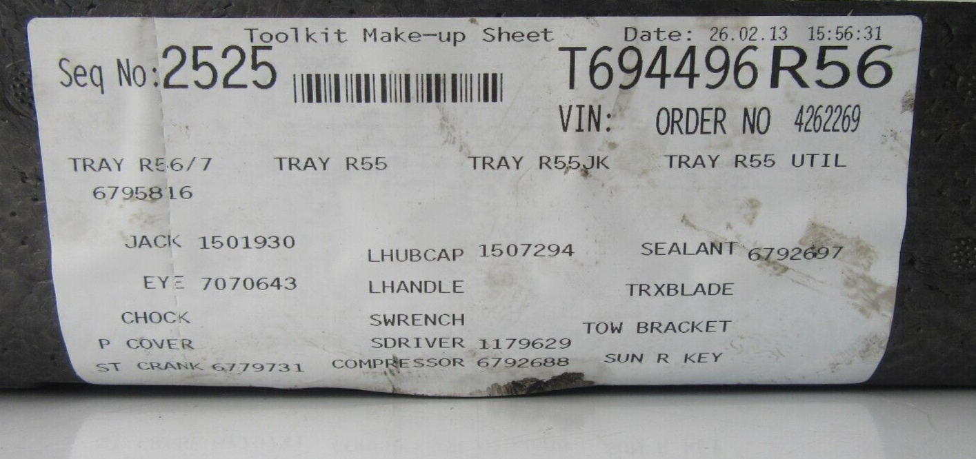 MINI Cooper D 1.6 Diesel Spare Wheel Tool Kit 6795816 Genuine 2012 